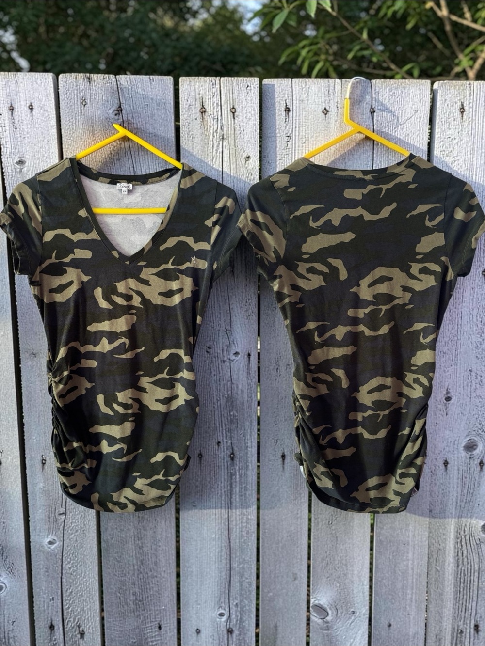 KISMET Cap Sleeve Ruched Long Abstract Print V-Neck Top Olive Camo